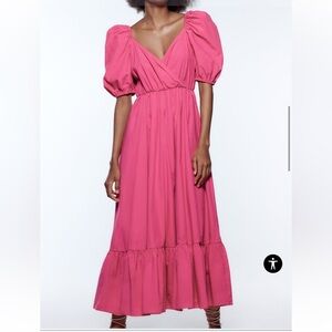 ZARA Hot Pink Puff Bubble Sleeve Tiered‎ Midi Dress Flowy Barbie Feminine XS